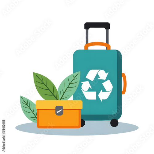 Eco-friendly suitcase and box with leaves in flat design style  
