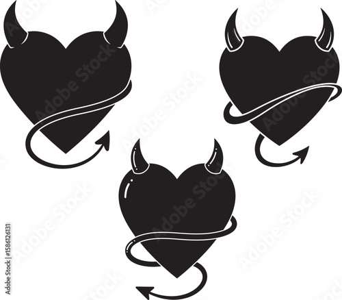Three devil hearts with horns and tails silhouette