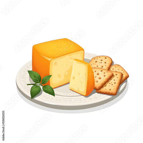 Cheese block and crackers served on a plate with herbs  