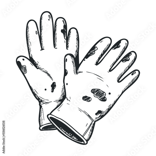 Black and white gardening gloves with dirt stains. Hand drawn vector illustration