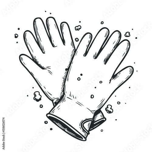 Black and white sketch of winter gloves with snowflakes. Hand drawn vector illustration