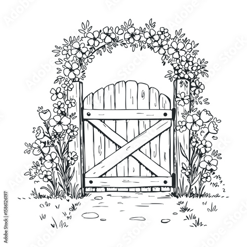 Rustic wooden garden gate with floral arch and pathway. Hand drawn vector illustration