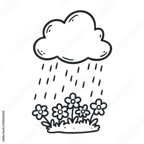 Cartoon cloud raining over flower garden with simple black and white design. Hand drawn vector illustration