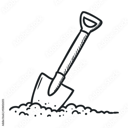 Hand-drawn sketch of shovel digging in soil with simple outline design. Hand drawn vector illustration
