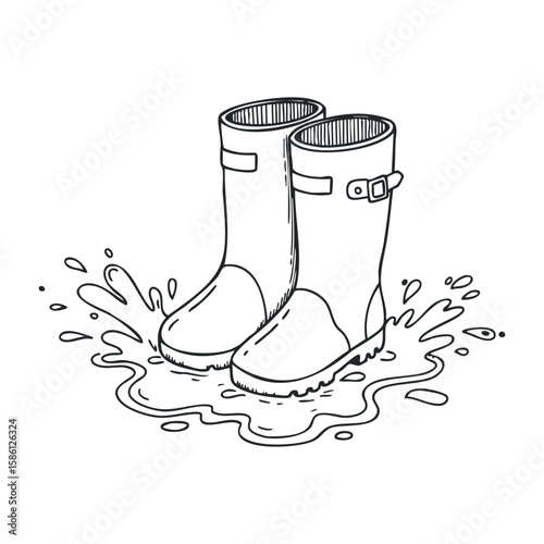 Pair of waterproof rubber boots standing in a puddle with water splashing. Hand drawn vector illustration
