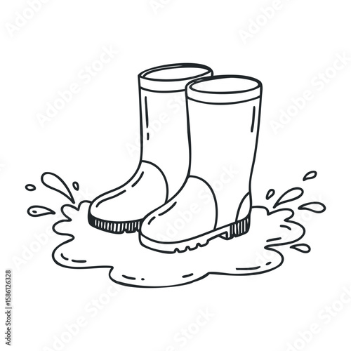 Rain boots splashing in puddle - fun doodle of waterproof footwear and water. Hand drawn vector illustration