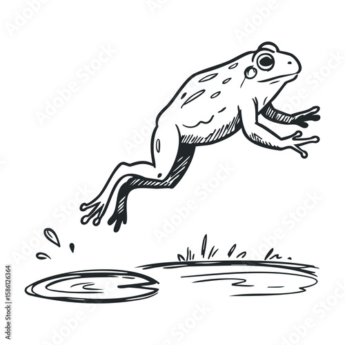Leaping frog sketch in black and white. Hand drawn vector illustration