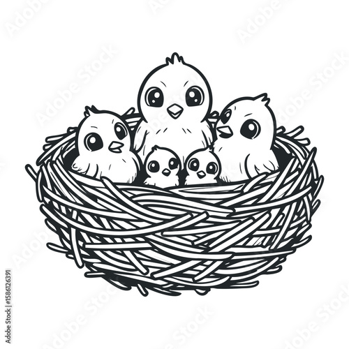 Cute baby birds in nest sketch with five chicks in black and white line art. Hand drawn vector illustration