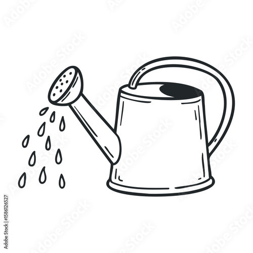 Black and white sketch of a watering can sprinkling water droplets. Hand drawn vector illustration