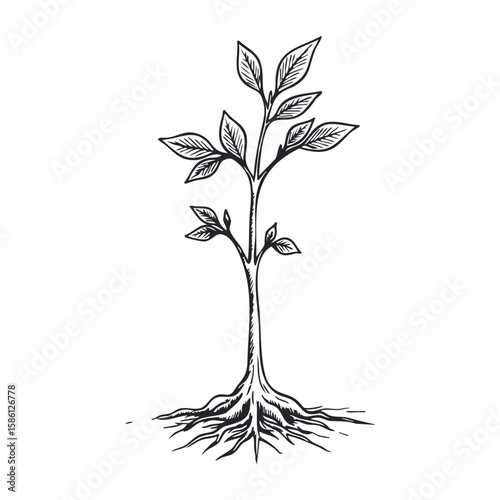 Black and white sketch of a young tree with detailed roots and leaves. Hand drawn vector illustration