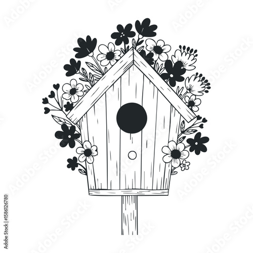 Rustic birdhouse with floral design in black and white vector illustration. Hand drawn vector illustration