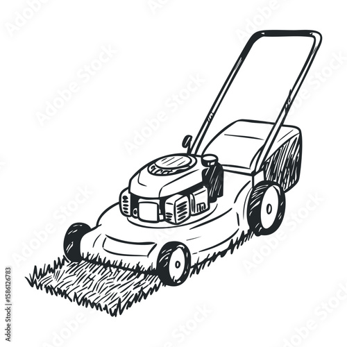 Manual push lawn mower sketch with grass cutting detail in black and white. Hand drawn vector illustration