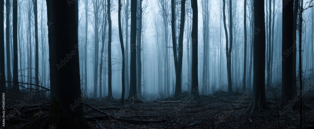 Naklejka premium The Foggy Forest Path Revealing Nature's Mystique and Serenity