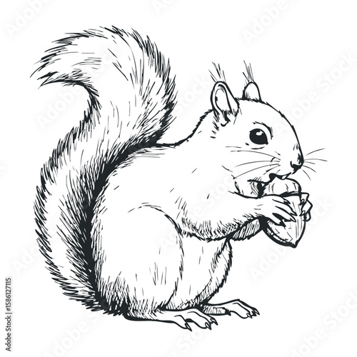 Detailed sketch of a squirrel eating a nut. Hand drawn vector illustration