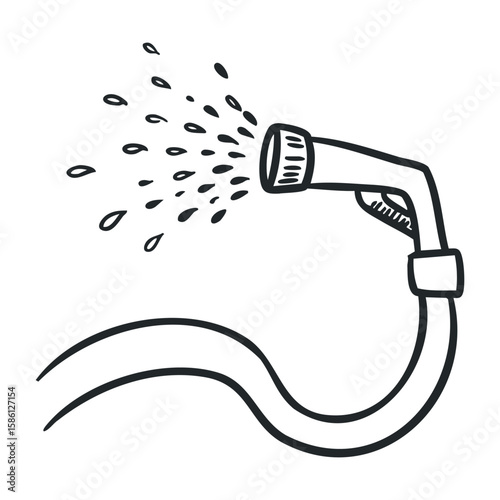 Black and white garden hose with water spray illustration on white background. Hand drawn vector illustration