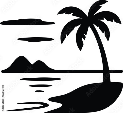 Silhouette tropical island with palm trees and ocean vector Illustrator