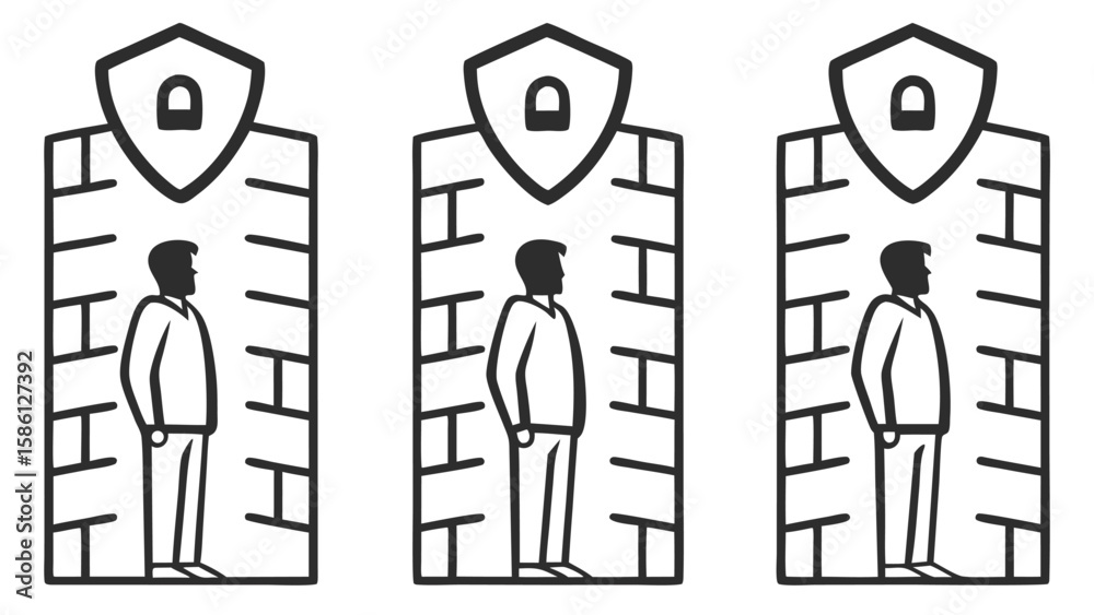 Person behind brick wall with shield and lock icons security protection Person behind brick wall with shield and lock icons security protection