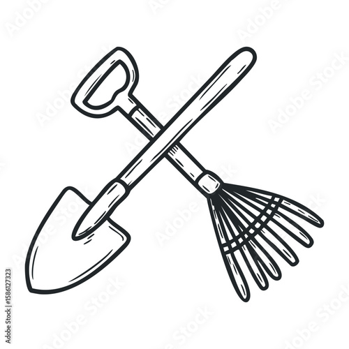Crossed gardening tools shovel and rake in black and white design. Hand drawn vector illustration