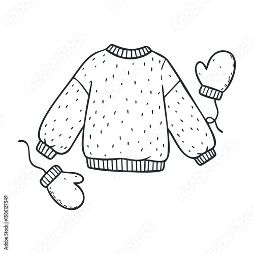 Cozy winter sweater and mittens with simple patterns and knitted texture. Hand drawn vector illustration