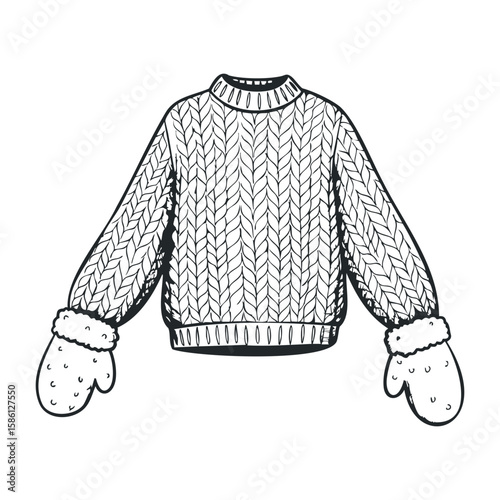 Cozy knitted sweater with mittens on white background. Hand drawn vector illustration