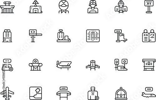 Airport Line Icon Set, Thin Line Style, Airport Elements with Transparent Background