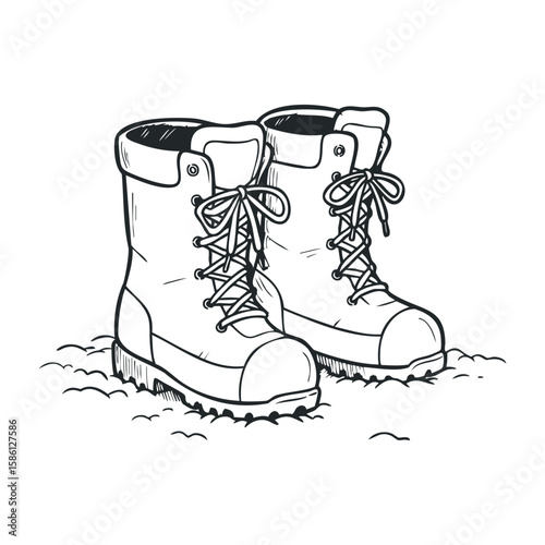 Hiking boots illustration with laces on snowy ground in black and white. Hand drawn vector illustration