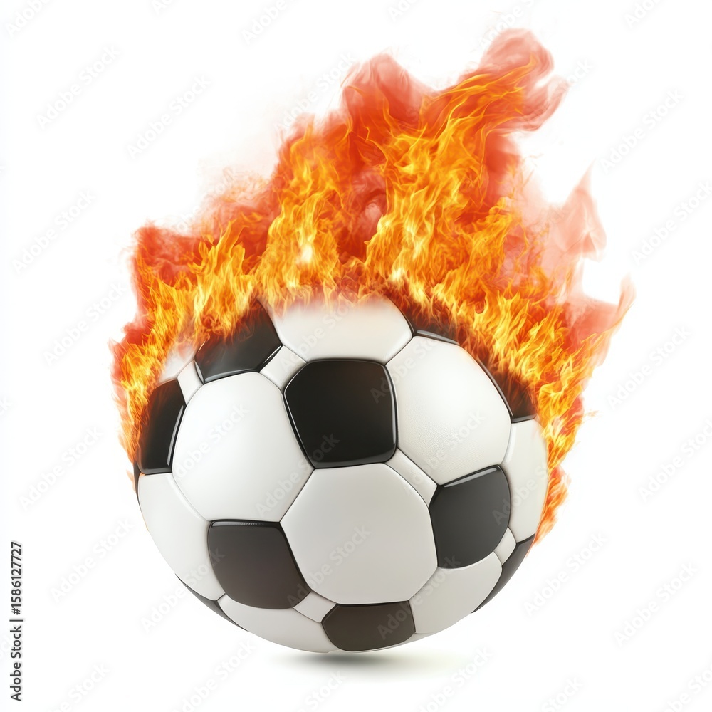 Fototapeta premium Soccer ball engulfed in intense orange and yellow flames isolated on white background