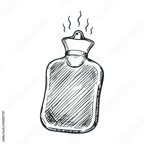 Hand-drawn sketch of a vintage hot water bottle with visible steam. Hand drawn vector illustration