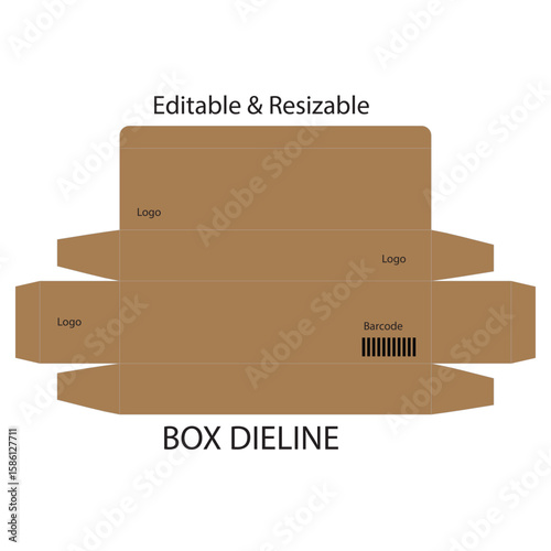 Brown cardboard box dieline with logo and barcode placement
