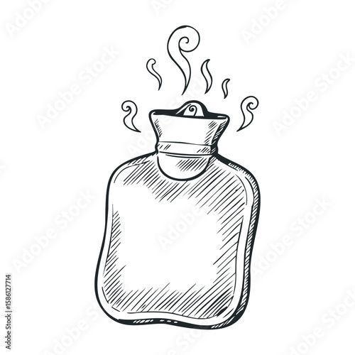 Hand-drawn outline of a hot water bottle with steam illustrating warmth. Hand drawn vector illustration