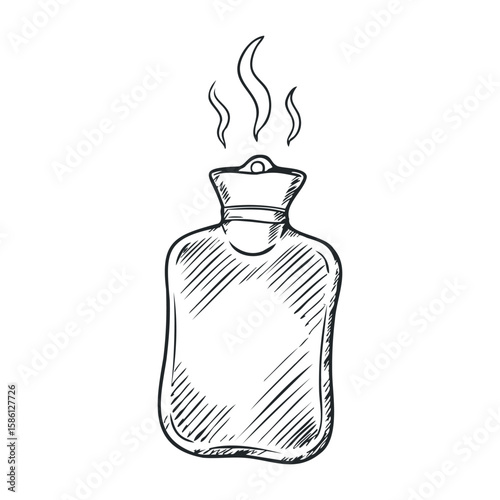 Vintage hot water bottle sketch with steam lines. Hand drawn vector illustration
