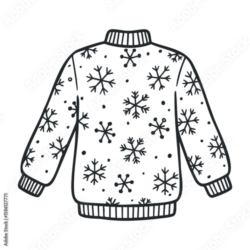 Winter holiday sweater with snowflake pattern and ribbed collar. Hand drawn vector illustration