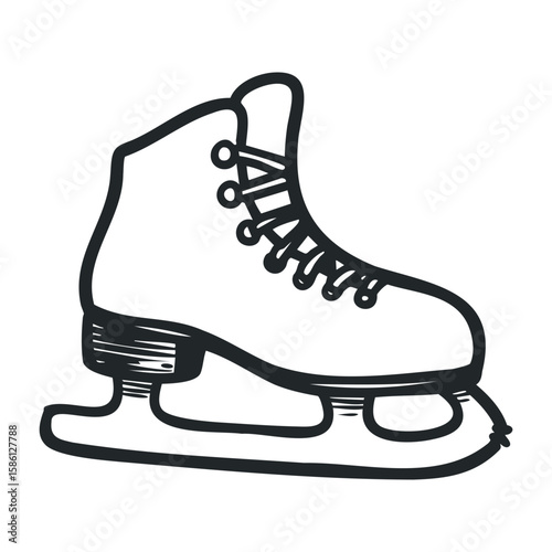 Black outline sketch of a classic ice skate with laces and blade detail. Hand drawn vector illustration