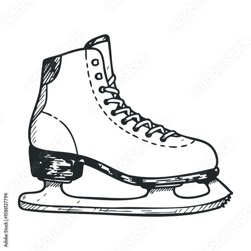 Classic black and white illustration of a figure skating boot. Hand drawn vector illustration