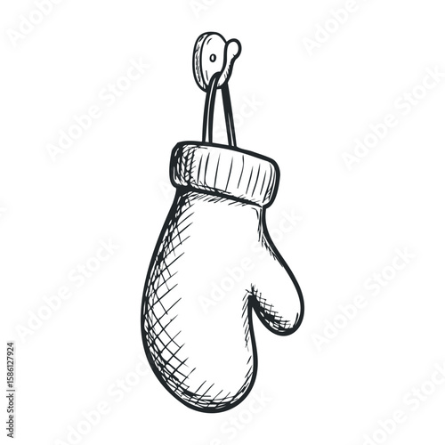Sketch of single winter mitten hanging on hook with knitted pattern detail. Hand drawn vector illustration