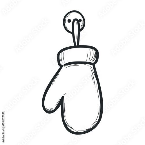 Simple black and white sketch of a hanging kitchen oven mitt. Hand drawn vector illustration