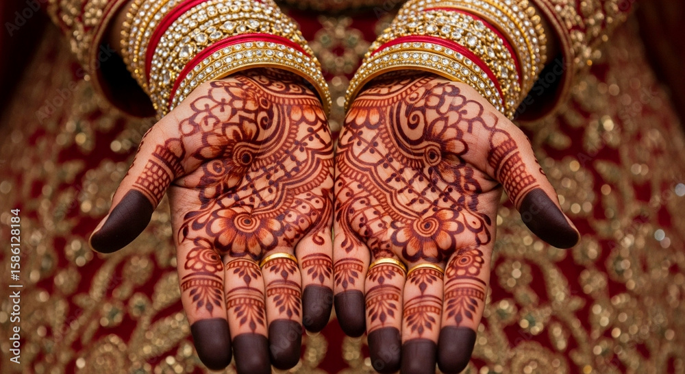 Fototapeta premium Closeup of a brides hands adorned with henna and traditional bangles