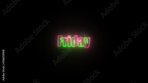 Glowing neon effect Friday text animation on black background. 7 day week name stylish font animation. Abstract glowing text day Friday light neon effect.