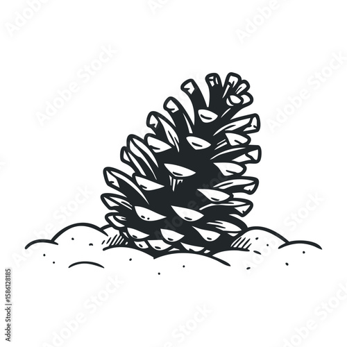 Black and white pine cone drawing on white background. Hand drawn vector illustration