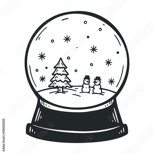 Black and white snow globe with tree and snowmen inside. Hand drawn vector illustration