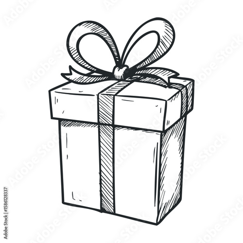 Hand-drawn gift box with bow: detailed black and white sketch. Hand drawn vector illustration