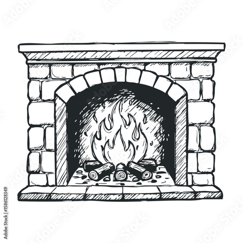 Hand-drawn fireplace with burning logs and stone mantel for cozy interior design. Hand drawn vector illustration