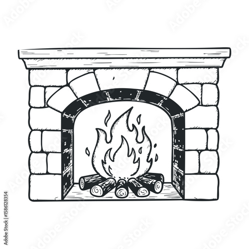 Hand-drawn stone fireplace with burning logs in rustic style. Hand drawn vector illustration