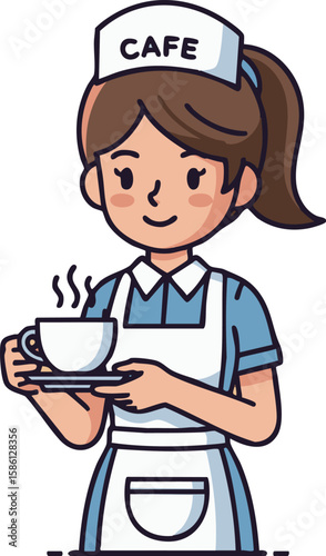 笑顔のカフェ店員キャラクター - フラットデザインアニメスタイル