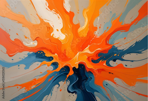 Abstract splash art painting in orange and blue contemporary wall decor design