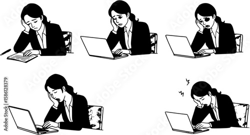 Four drawings of a tired exhausted businesswoman
