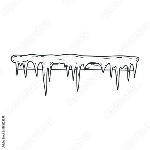 Black and white icicles hanging from roof in wintertime minimalist design. Hand drawn vector illustration