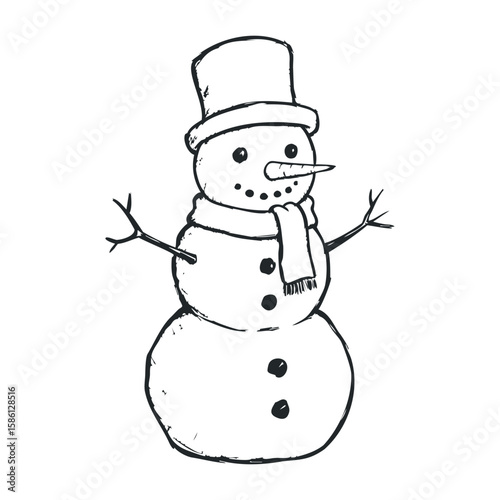 Cheerful snowman sketch with scarf and top hat in black and white drawing. Hand drawn vector illustration