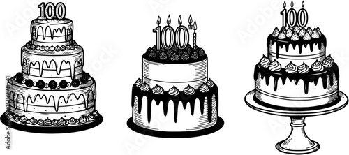 Three birthday cakes for a one hundred year old . Vector drawings

