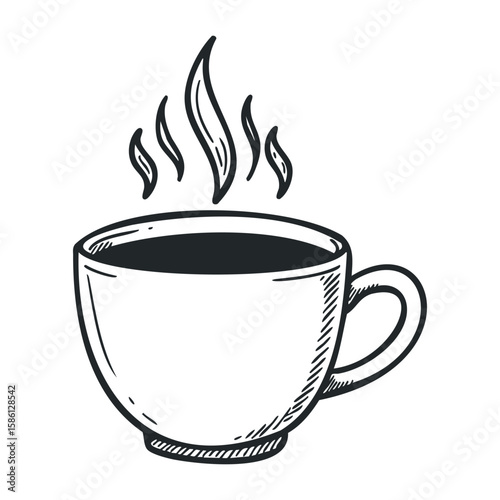 Hand-drawn sketch of a steaming coffee cup with decorative lines. Hand drawn vector illustration